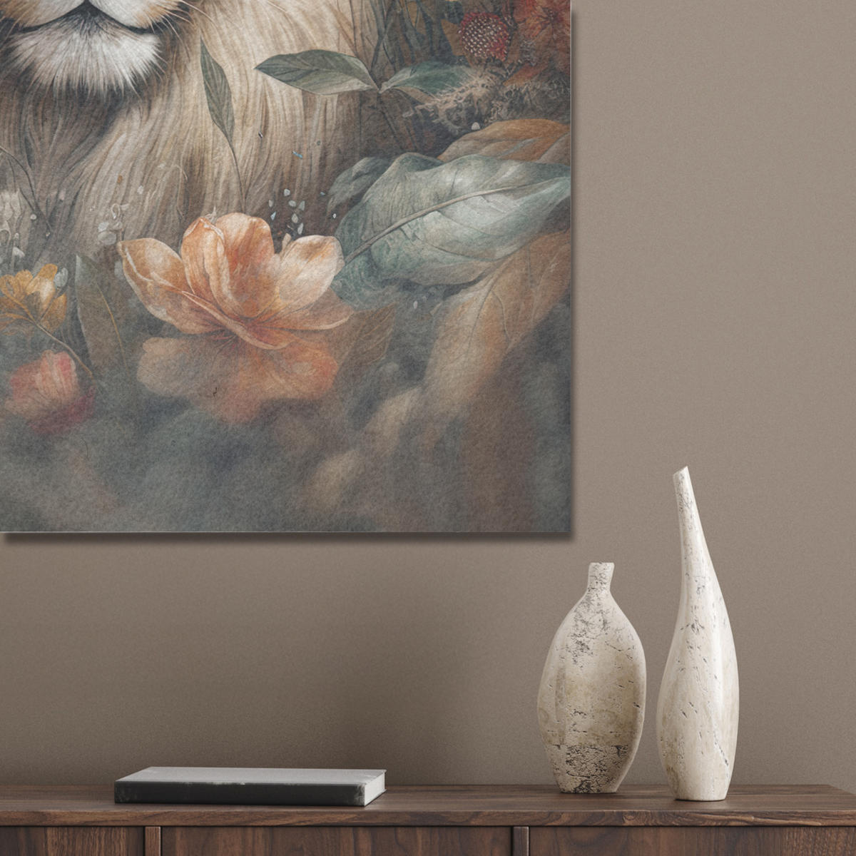 AKUSTIKPANEEL Löwe - Wildtiere - Pflanzen - Natur - Blumen 60x80 cm - Beige, Textil (60/0.9/80cm) - MuchoWow