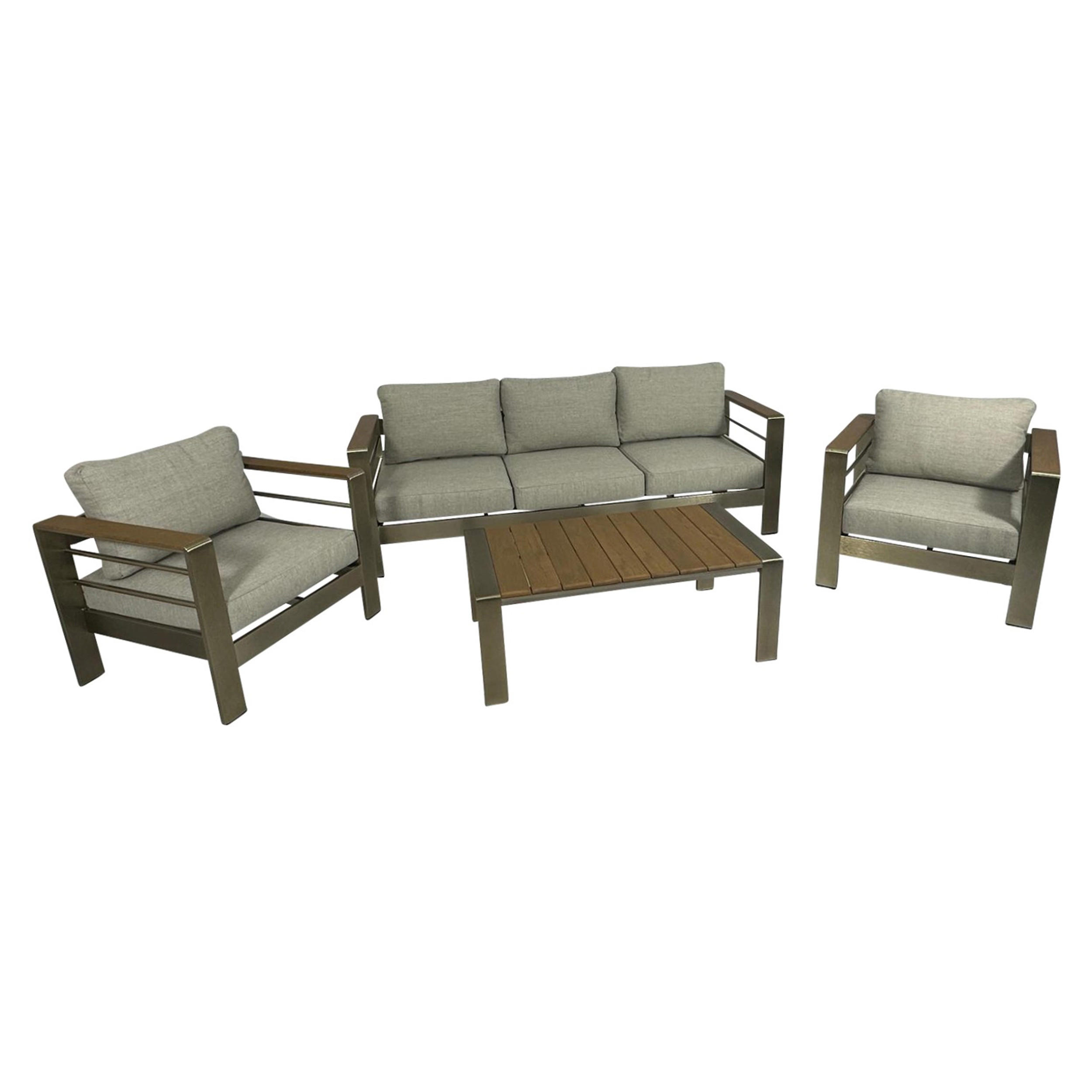 LOUNGE-SET Rochdale - 4-teilig aus gebürstetem Aluminium, Tischplatte und Armlehnen aus Kunstholz naturfarben - Grau, Metall - TPFGarden