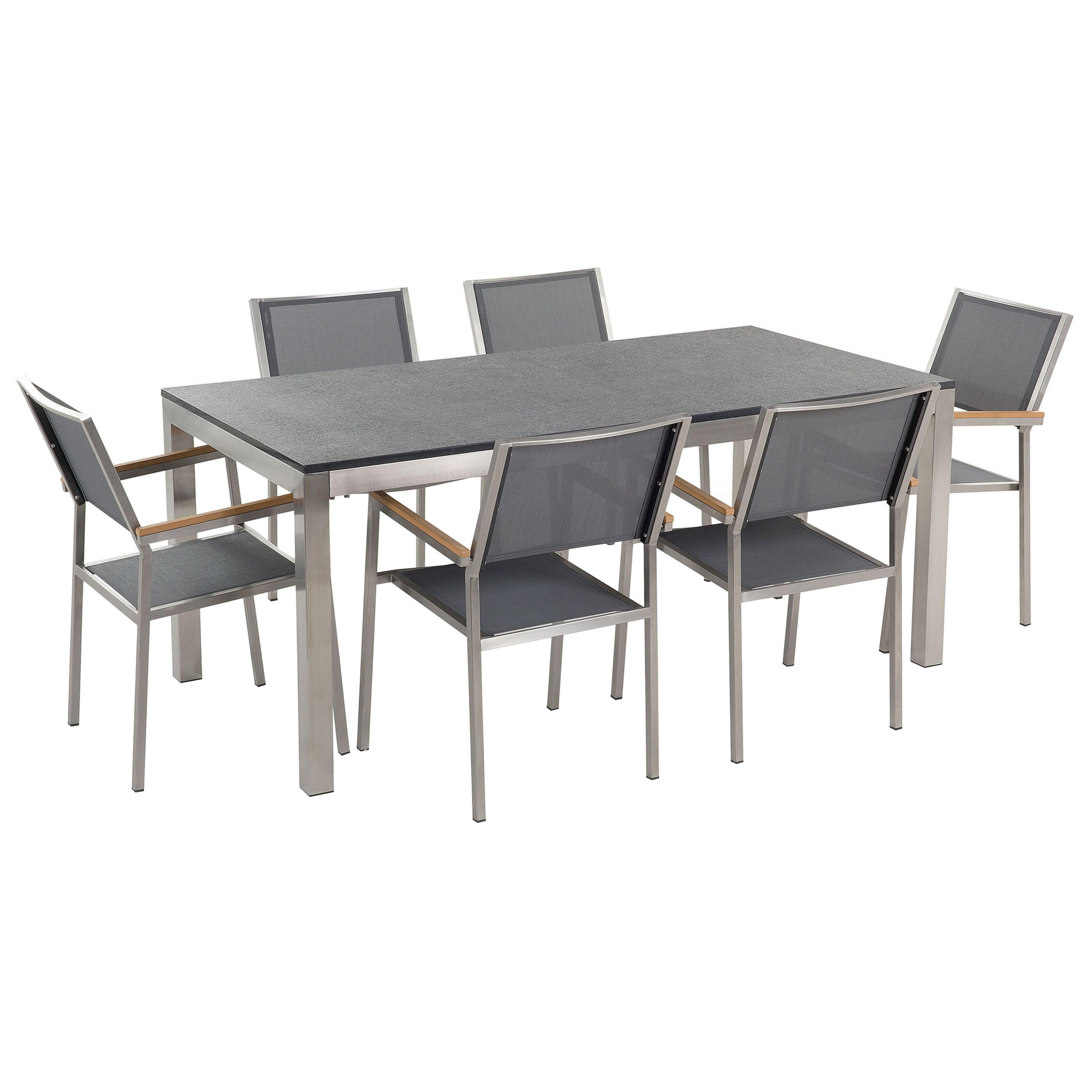 MOBILIER DE GRADINA set cu 6 locuri piatra naturala negru flambat tesatura textila gri Grosseto