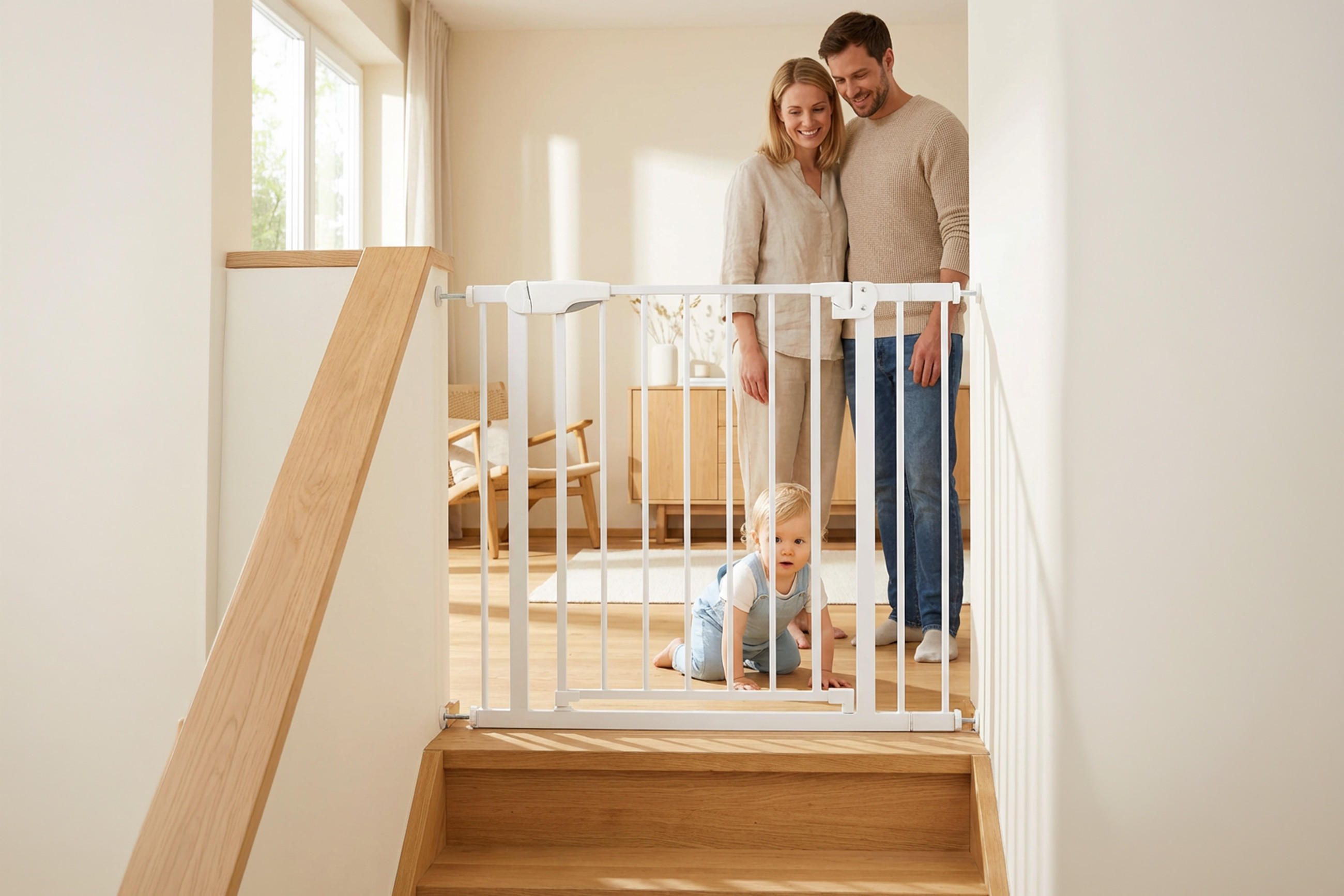 Kleinkind krabbelt vor einem weißen Treppenschutzgitter, dahinter stehen zwei Erwachsene in einem hellen Treppenhaus.