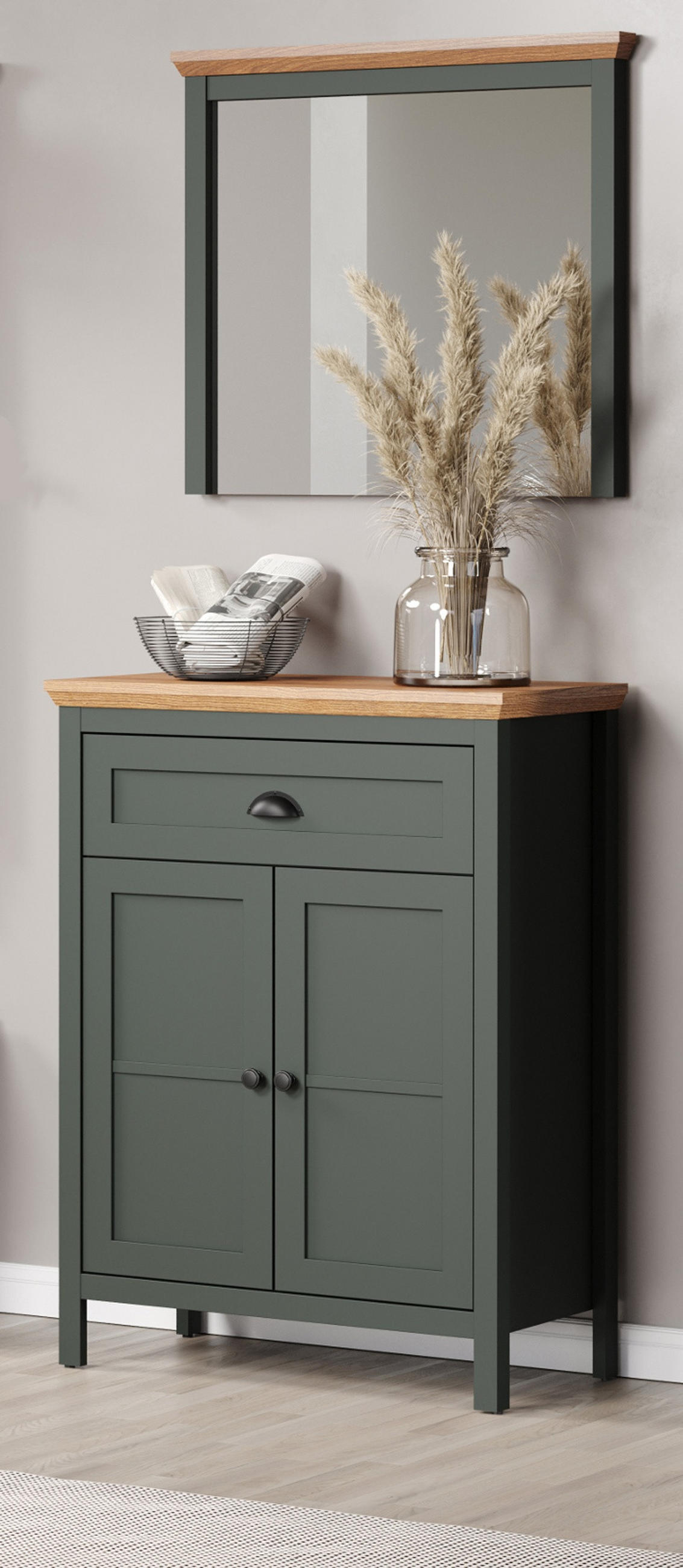 GARDEROBENSPIEGEL grün, Evoke Eiche Landhaus, Flur Diele Spiegel 77 x 68 cm - Eichefarben/Grün, Glas/Holzwerkstoff (77/68/6cm) - Top.Furn