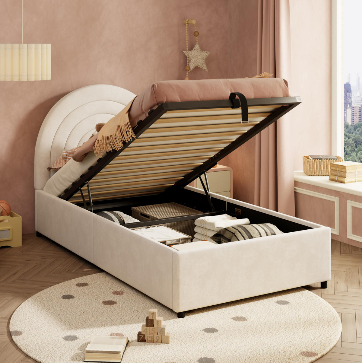 POLSTERBETT 90/200 cm Beige aus Samt mit Stauraum - Beige, Textil - OKMYHOME