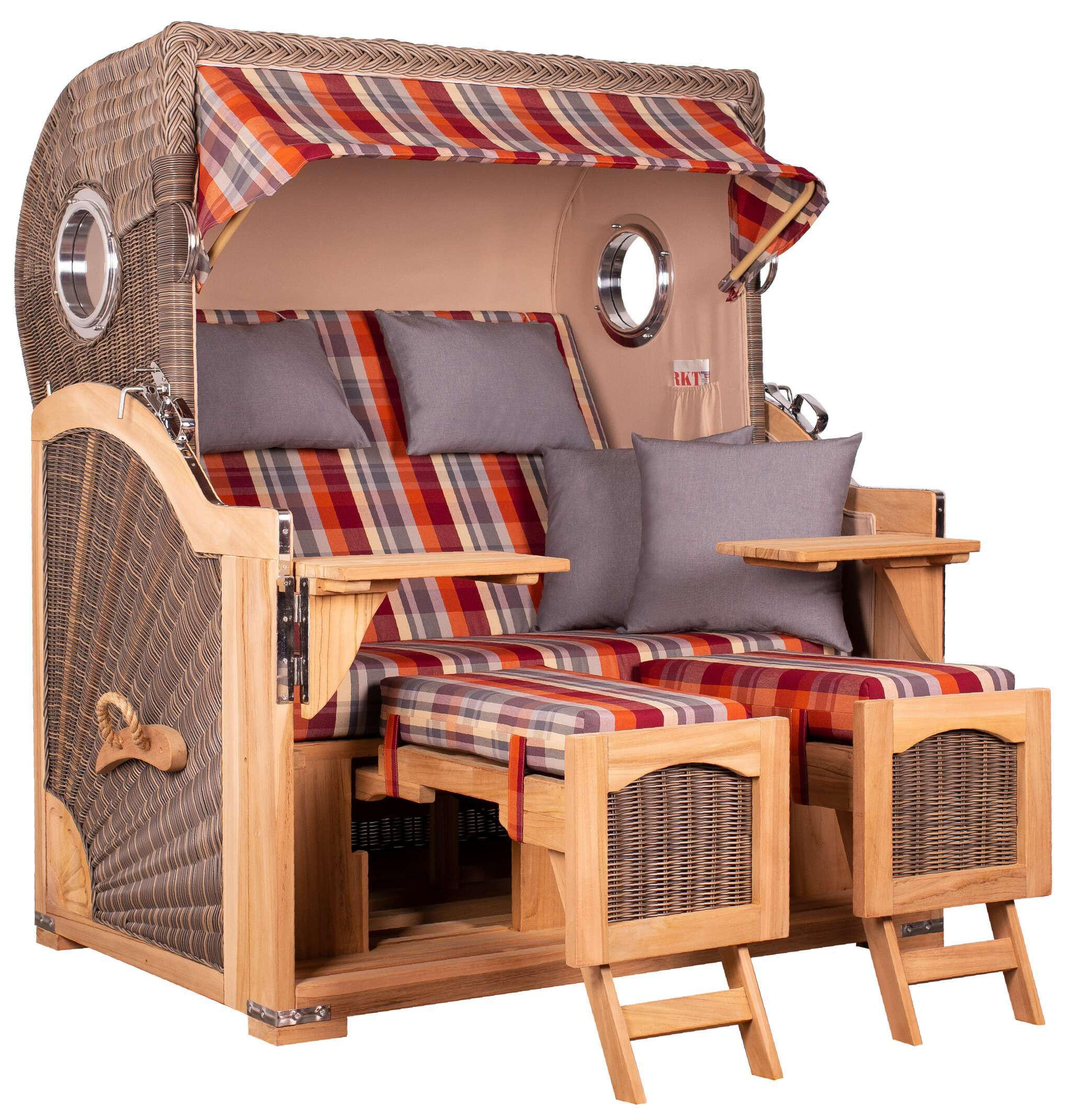 STRANDKORB Düne Grande Bullauge Teak PE Grey Dessin 584 - Rot/Braun, Metall (142/170/95cm) - Mr. Deko