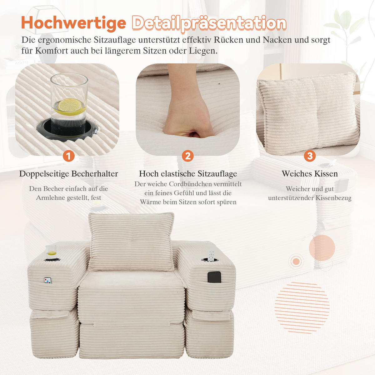 SCHLAFSOFA mit Cordbezug, Federkern, Getränkehalter und Seitentasche in Beige - Beige, Textil (122/80/98cm) - EVRYAE