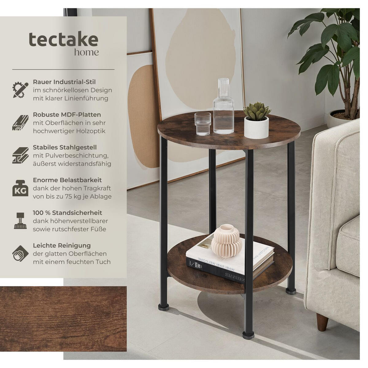 BEISTELLTISCH Ballina,45 x 64 cm,Industrial Holz dunkel, rustikal - Rostfarben, Holz (45/45/64cm) - tectake