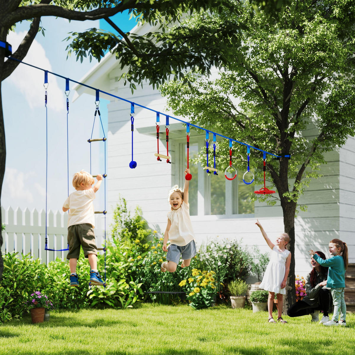 NINJA Warrior Hindernisparcours für Kinder 10 m Ninja Slackline Kit Blau - Blau, Kunststoff (5/1000cm) - AIYAPLAY