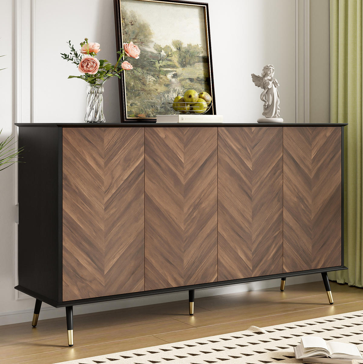 SIDEBOARD 140/40/80 cm mit 4 Türen, höhenverstellbaren Regalböden und Soft-Close, Schwarz/Braun - Schwarz, Holzwerkstoff (140/80/40cm) - Redom