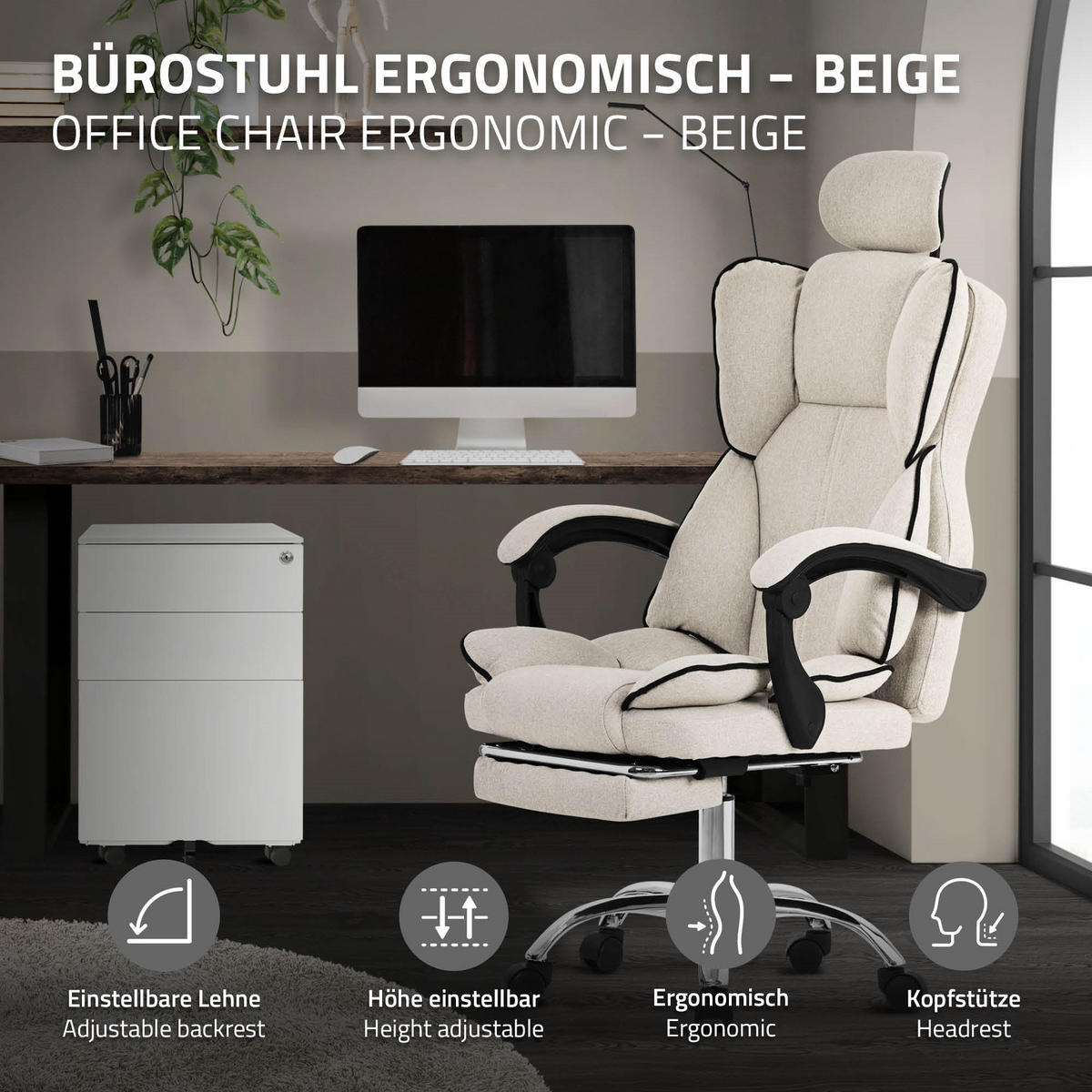 BÜROSTUHL - Beige, Metall (66/130.5/59cm) - ML-DESIGN