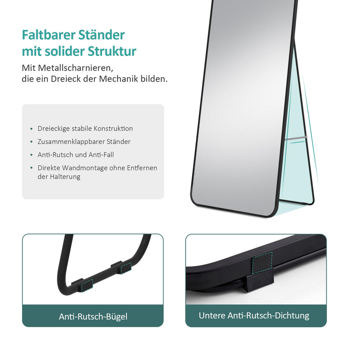 STANDSPIEGEL mit Rahmen Gehärteter Silberspiegel Schwarz 140/40 cm - Schwarz, Glas/Metall (40/147/140cm) - EMKE