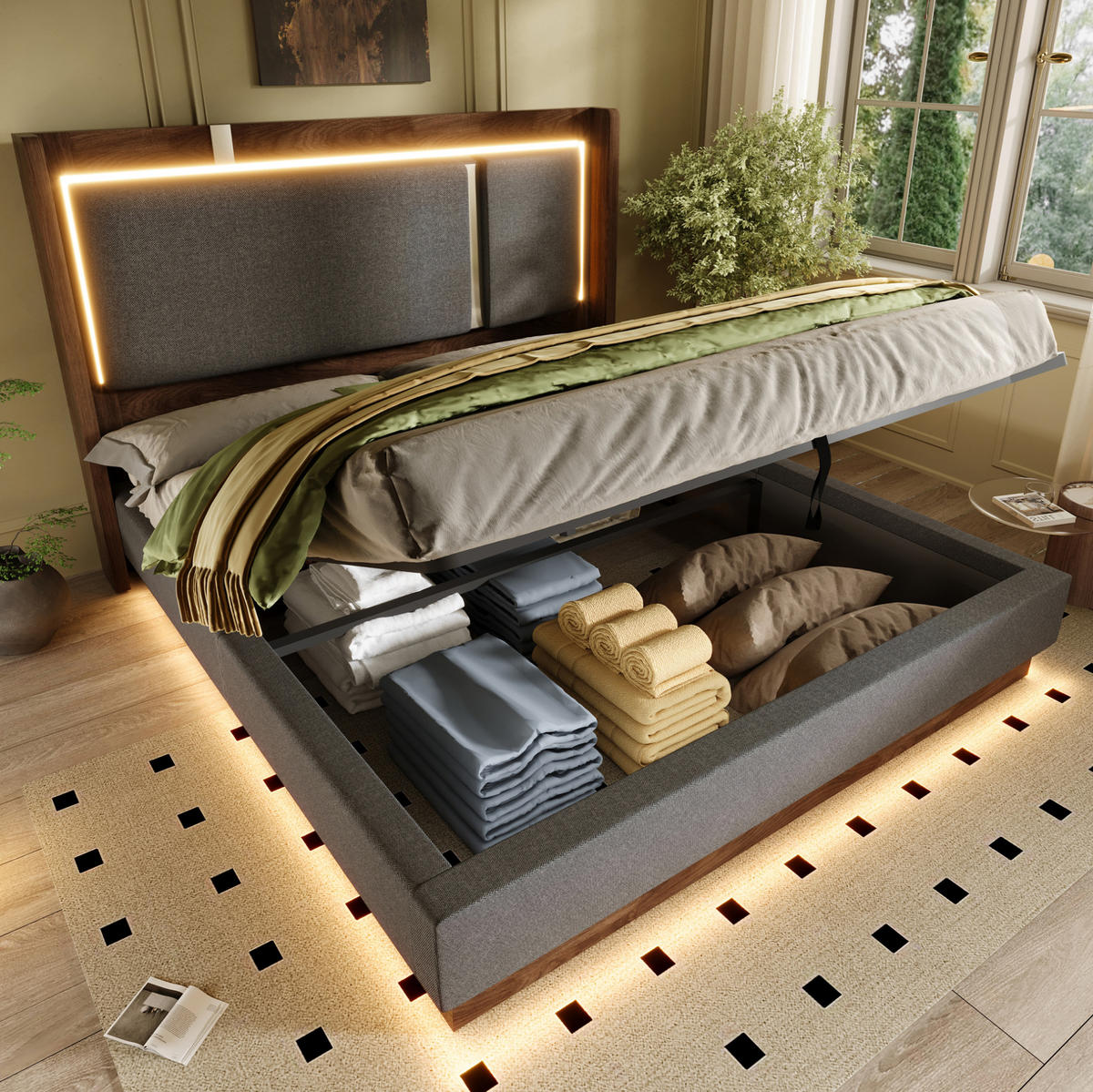 POLSTERBETT 180x200 cm in Grau/Walnuss mit LED-Beleuchtung, Bettkasten und Lattenrost - Grau, Textil (180/200cm) - IVMEU