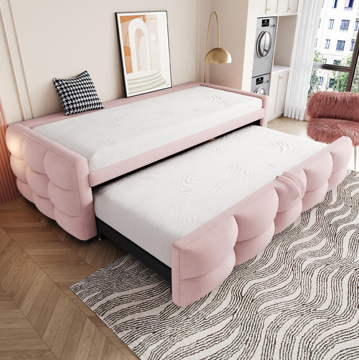 POLSTERBETT 90/190 cm ausziehbar auf 180/190 cm mit Teddybezug in Rosa - Rosa, Textil (90/190cm) - BEAOK