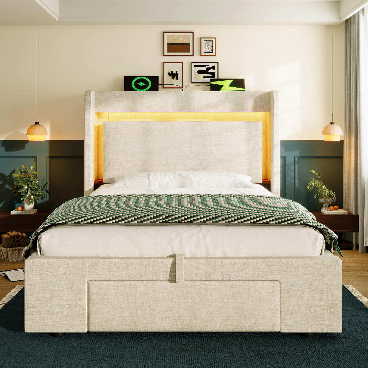 POLSTERBETT 90/200 cm mit LED, USB- und USB-C-Anschluss, hydraulischem Stauraum und Schublade und Matratze, Beige - Beige, Textil (90/200cm) - Redom