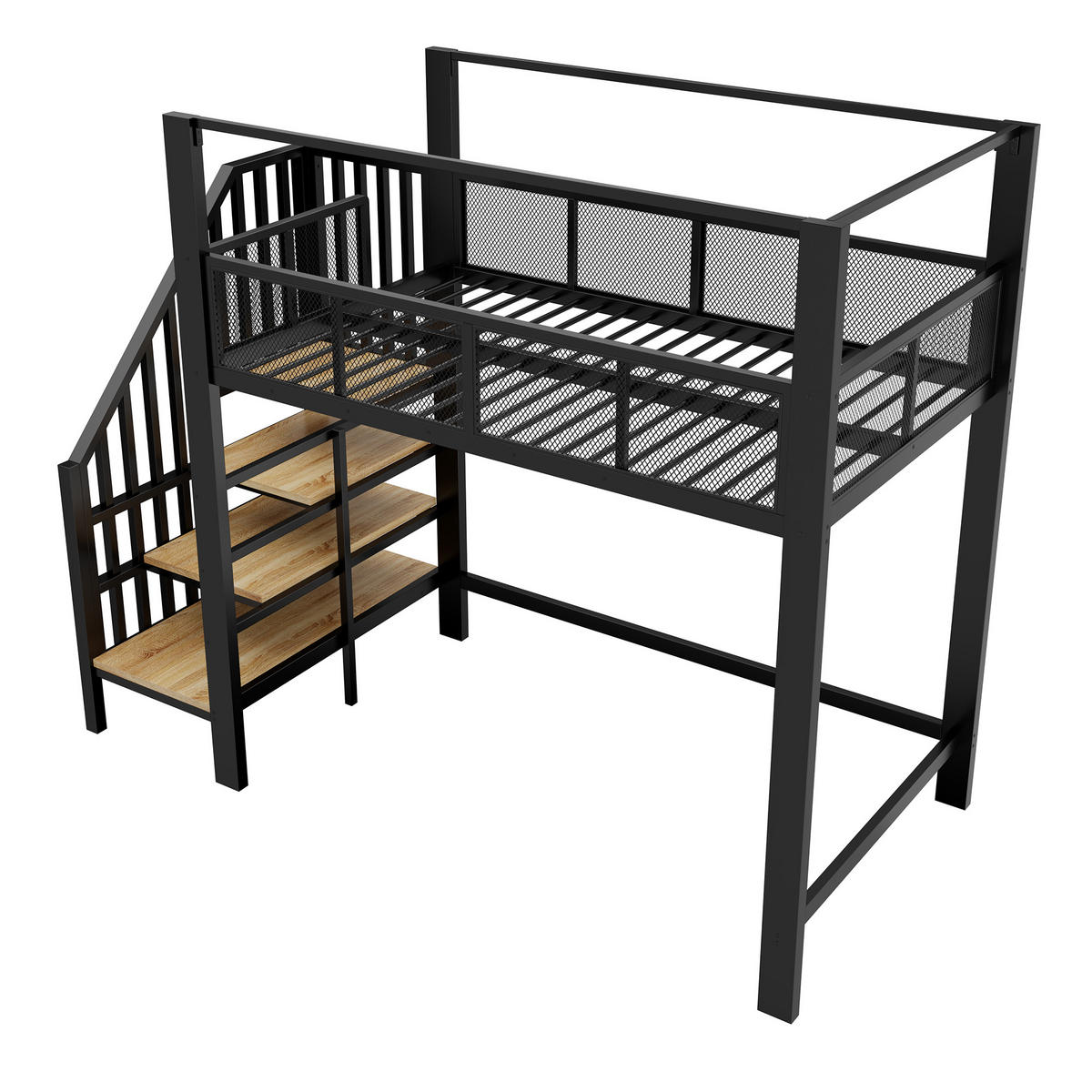 HOCHBETT Schwarz 90×200cm mit Baldachin, Stauraumtreppe und freier Arbeitsfläche unter dem Bett - Schwarz, Metall (90/200cm) - Luhomfu