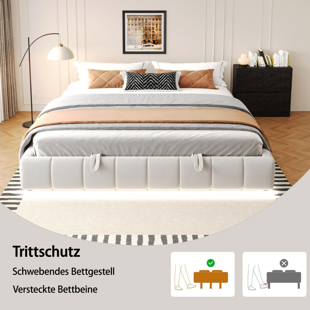 POLSTERBETT 180/200 cm in Beige Stoff mit Stauraum und LED - Beige, Holzwerkstoff/Textil (180/200cm) - WISHDOR