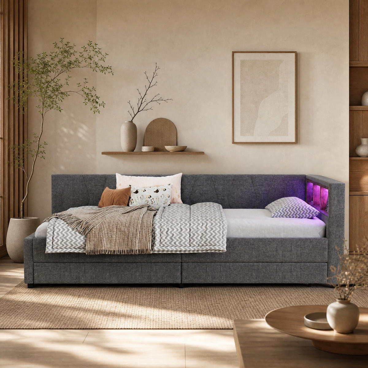 POLSTERBETT 90/200 mit LED, zwei Schubladen, Ablagefächern und USB-/Type-C-Anschlüssen in Grau - Grau, Holzwerkstoff/Textil (90/200cm) - EVRYAE