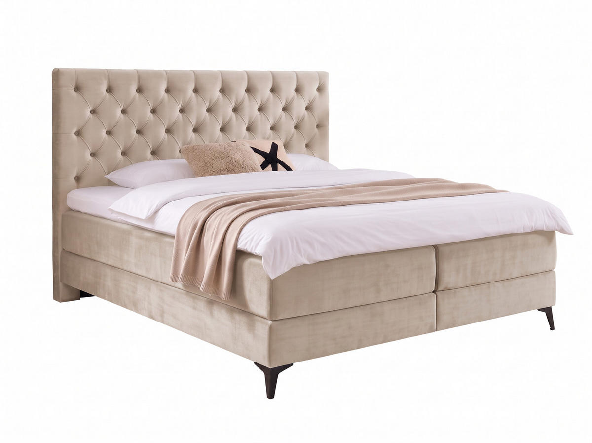 BOXBETT Amber Beige 200/200 cm Samt mit Bettkasten, mit Matratze, mit Premium Topper H2/H3 - Beige/Schwarz, Textil (200/200cm) - wonello