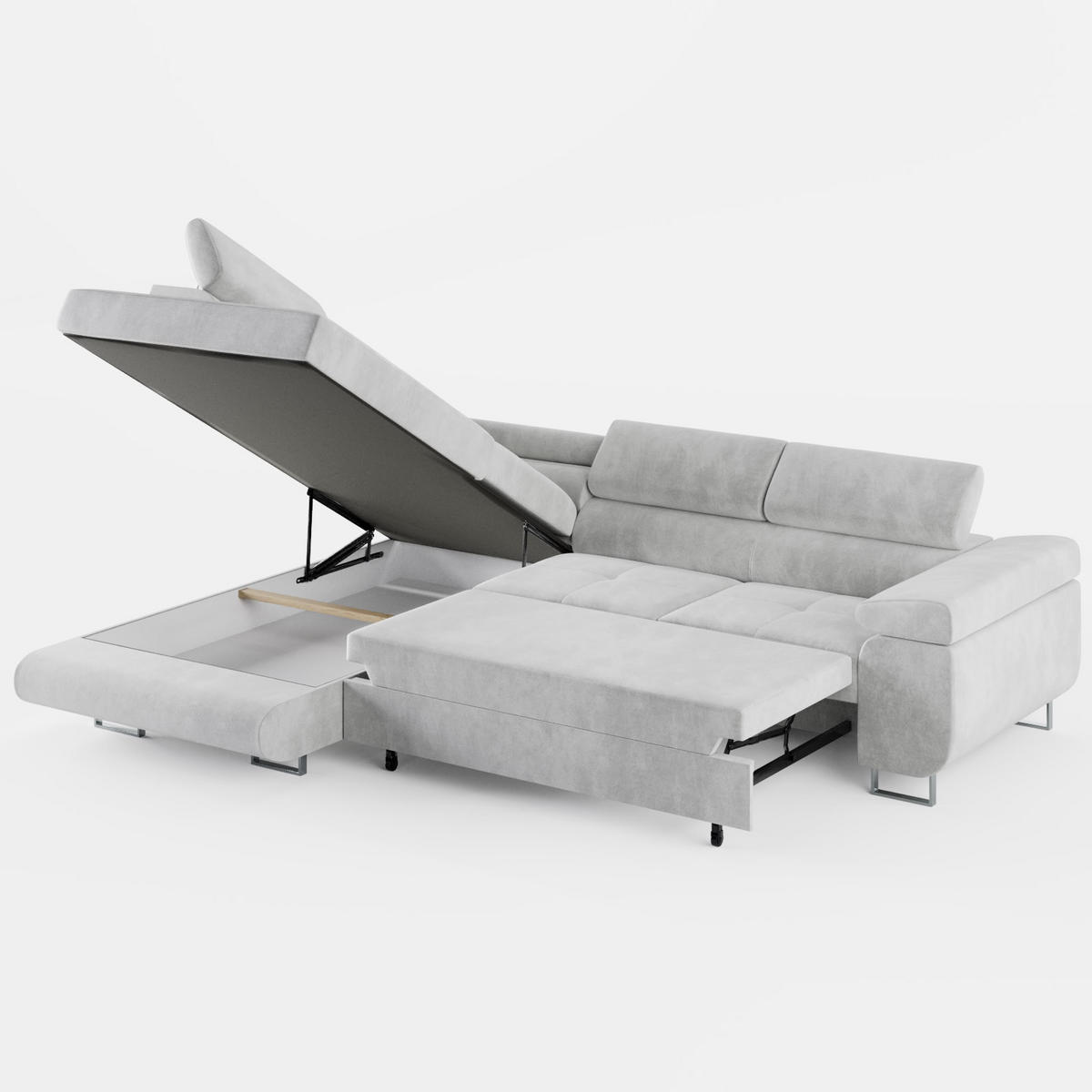 ECKSOFA VEMO EDGE Links Hellgrau Velour-Stoff mit Bettkasten und Schlaffunktion - Hellgrau, Textil (200/270cm) - Barchello