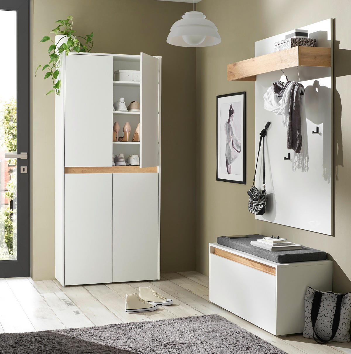 GARDEROBEN-SET weiß matt, Eiche Wotan 195 cm 4-teilig, Garderobenkombination mit viel Stauraum - Eiche Wotan/Schwarz, Holzwerkstoff/Kunststoff (195/200/40cm) - Furn.Design