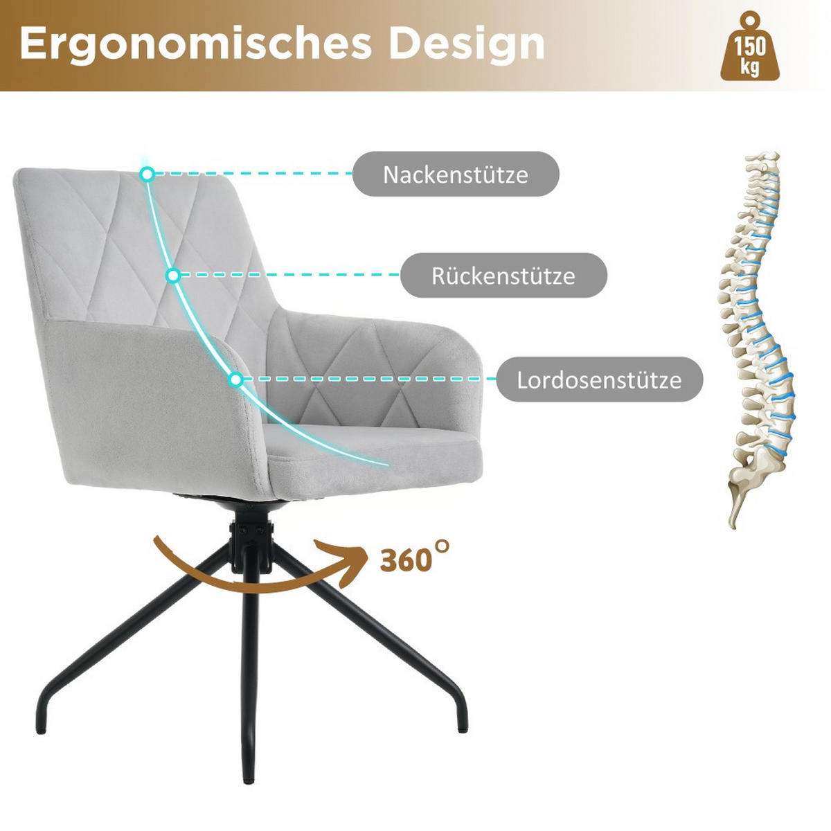 STUHL SET 2 Stück 360° Drehbarer mit Rautenmuster in Grau - Grau, Textil (54/85/60cm) - KOMHTOM