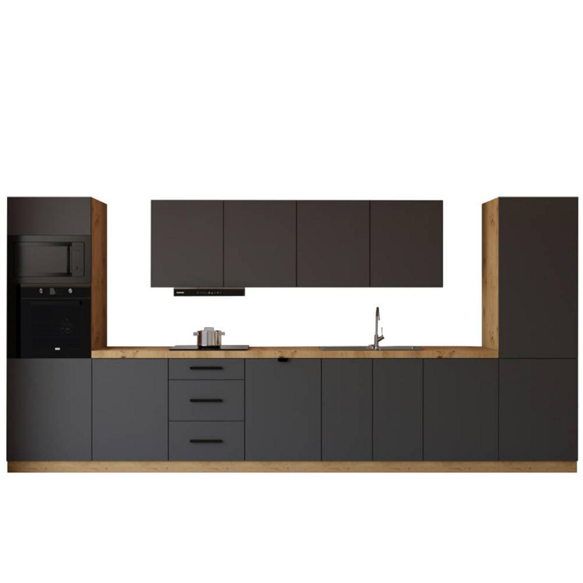 KÜCHENZEILE 440 cm - Langen KL7-M440 in Grau/Matt - Grau, Holz/Metall (440/212/58cm)