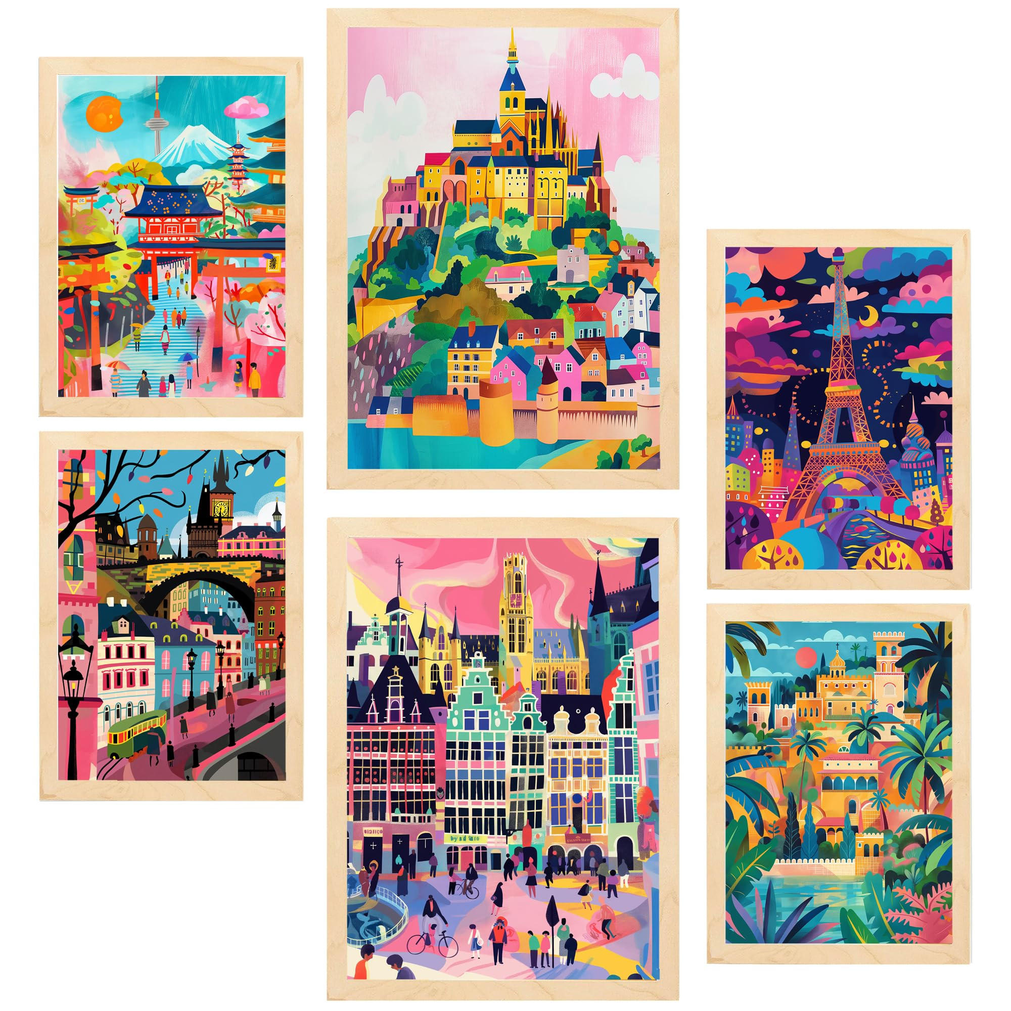 POSTER Set Mit 6 Mary Blair inspiriert Eiffel Prag Saint Michele Alhambra Belgien Fushimi A3 & A4 Rahmen Aus Hellem Holz - Beige, Papier (29/3cm) - Nacnic