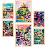 POSTER Set Mit 6 Mary Blair inspiriert Eiffel Prag Saint Michele Alhambra Belgien Fushimi A3 & A4 Rahmen Aus Hellem Holz - Beige, Papier (29/3cm) - Nacnic