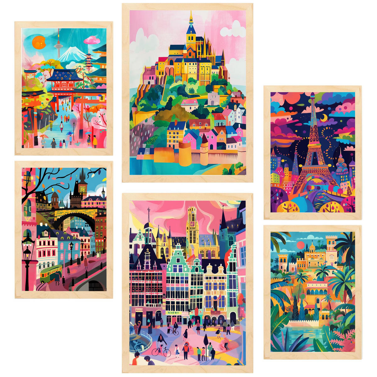 POSTER Set Mit 6 Mary Blair inspiriert Eiffel Prag Saint Michele Alhambra Belgien Fushimi A3 & A4 Rahmen Aus Hellem Holz - Beige, Papier (29/3cm) - Nacnic