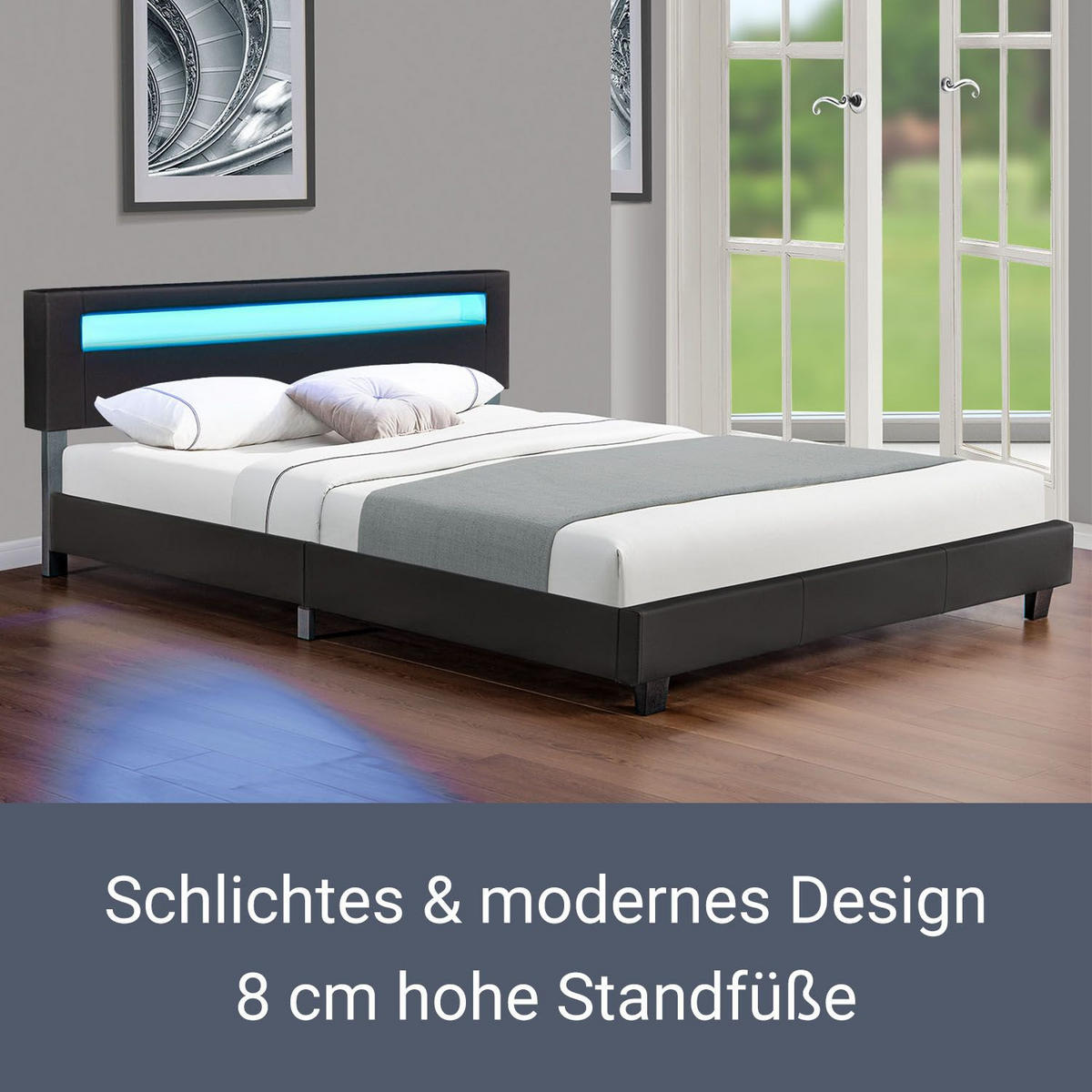 POLSTERBETT Paris schwarz 160x200cm mit Matratze und LED (16 Farben) - Schwarz, Textil (160/200cm) - Juskys
