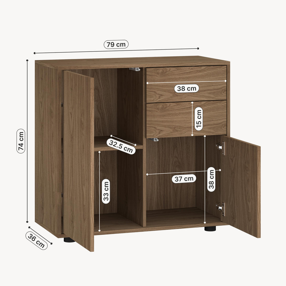 SIDEBOARD Paarl - Walnussfarben, Holzwerkstoff (79/74/36cm) - [en.casa]