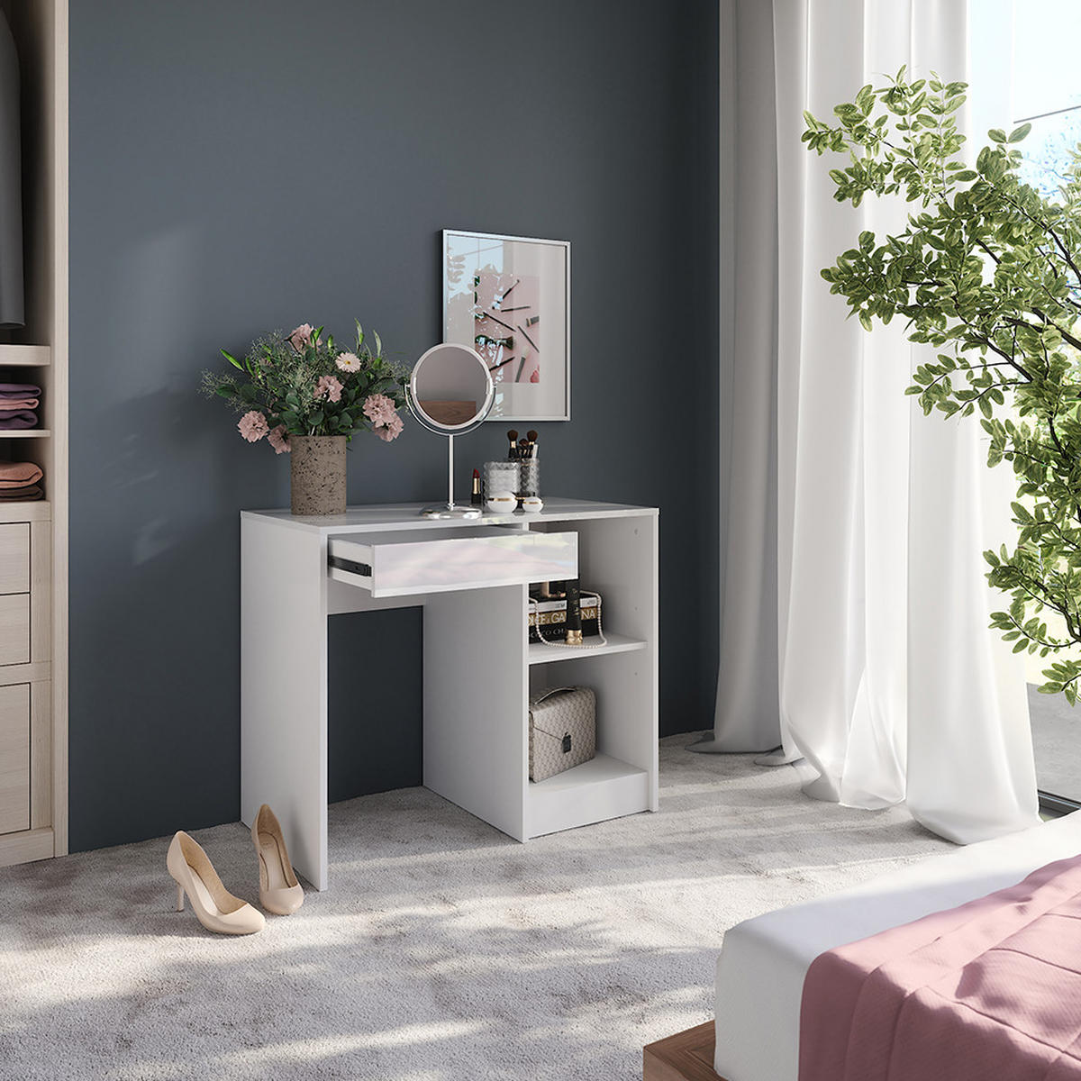 SCHMINKTISCH Sherry Weiß/Weiß Hochglanz 89.8 cm - Weiß Hochglanz, Holzwerkstoff (89.8/76/50.1cm) - Vicco