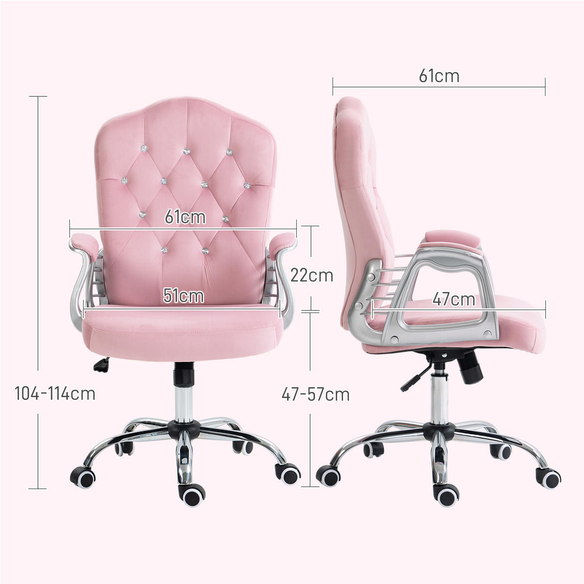 BÜROSTUHL, Schwarz/Hellgrau/Rosa, Polyester, Stahl - Rosa, Kunststoff (61/114/61cm) - Vinsetto