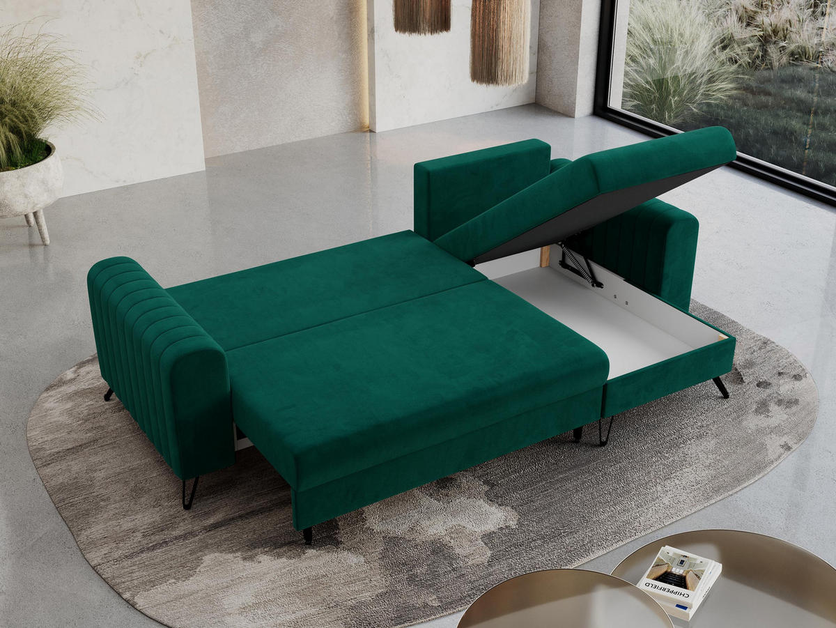 ECKSOFA Axel Velvet Dunkelgrün - Dunkelgrün/Schwarz, Textil/Metall (242/140cm) - MKS