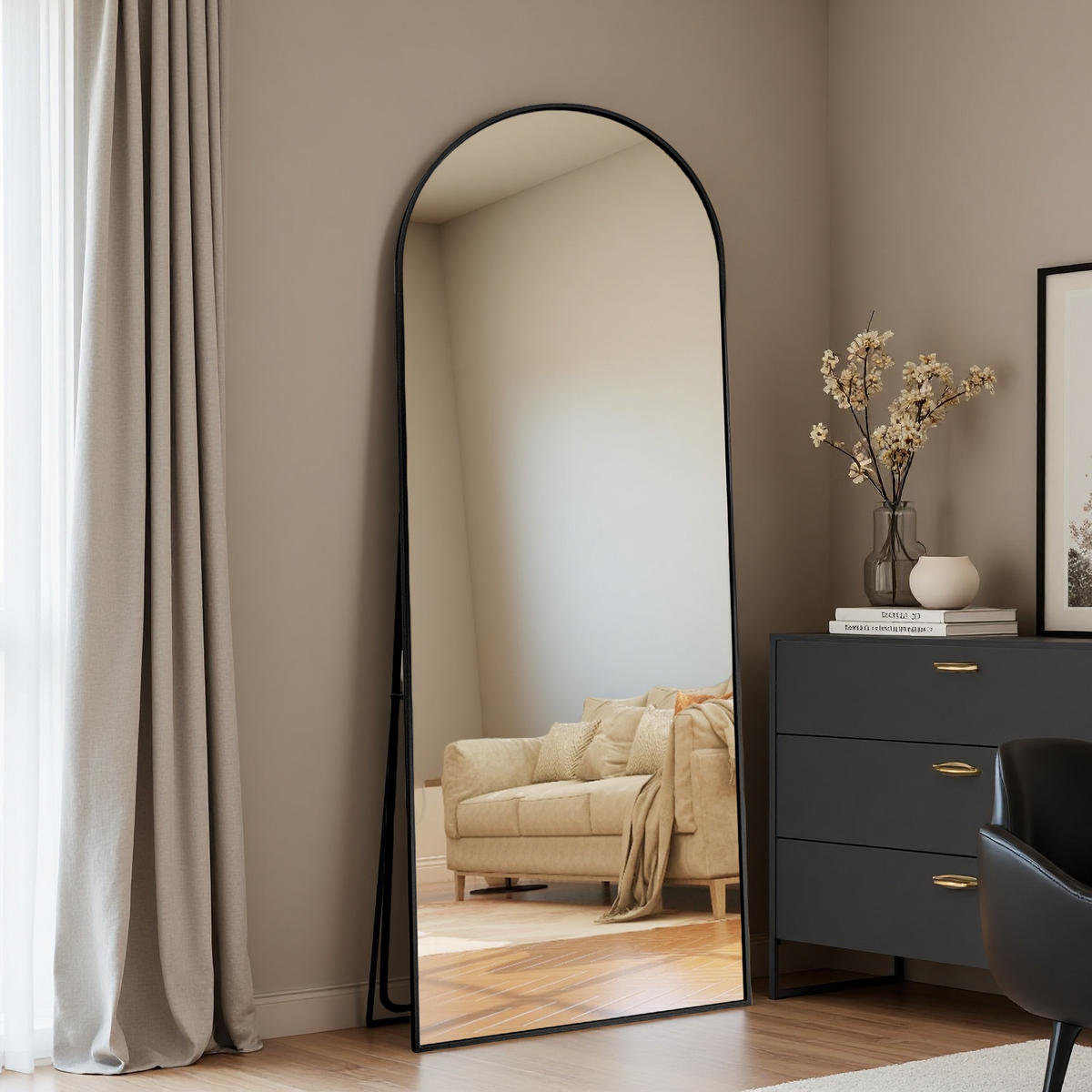 STEHSPIEGEL 63x173cm Schwarz Aluminiumrahmen Bogenform Freistehend - Schwarz, Glas (2/173/63cm) - SHOPENTRA