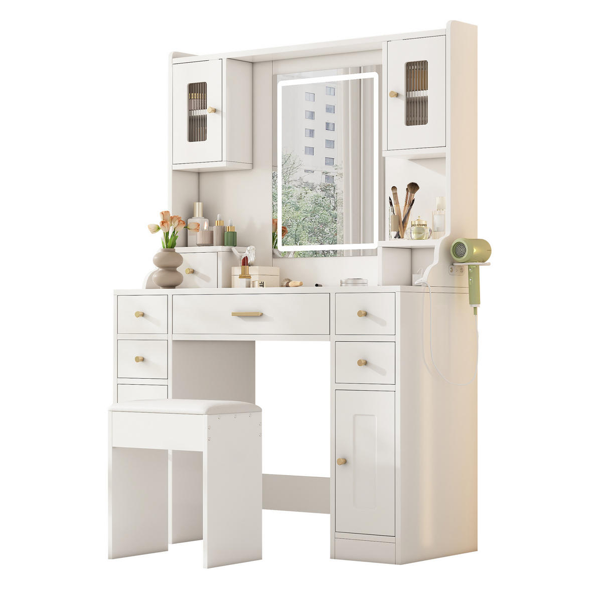 SCHMINKTISCH 105/40/152 cm mit HD-Spiegel, LED-Beleuchtung, Steckdosenleiste und Stauraum aus Spanplatte, Weiß - Weiß, Holzwerkstoff (105/152/40cm) - Redom