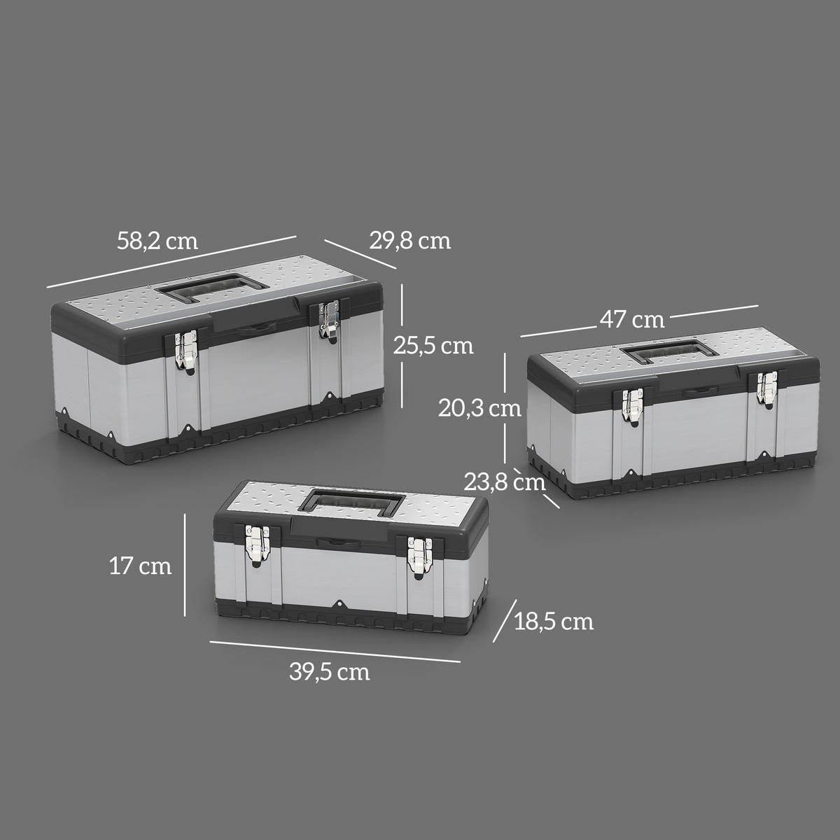 WERKZEUGKOFFER 3er Set leer aus Edelstahl, Schwarz+Silber - Silberfarben, Kunststoff (58.2/25.5/29.8cm) - HOMCOM