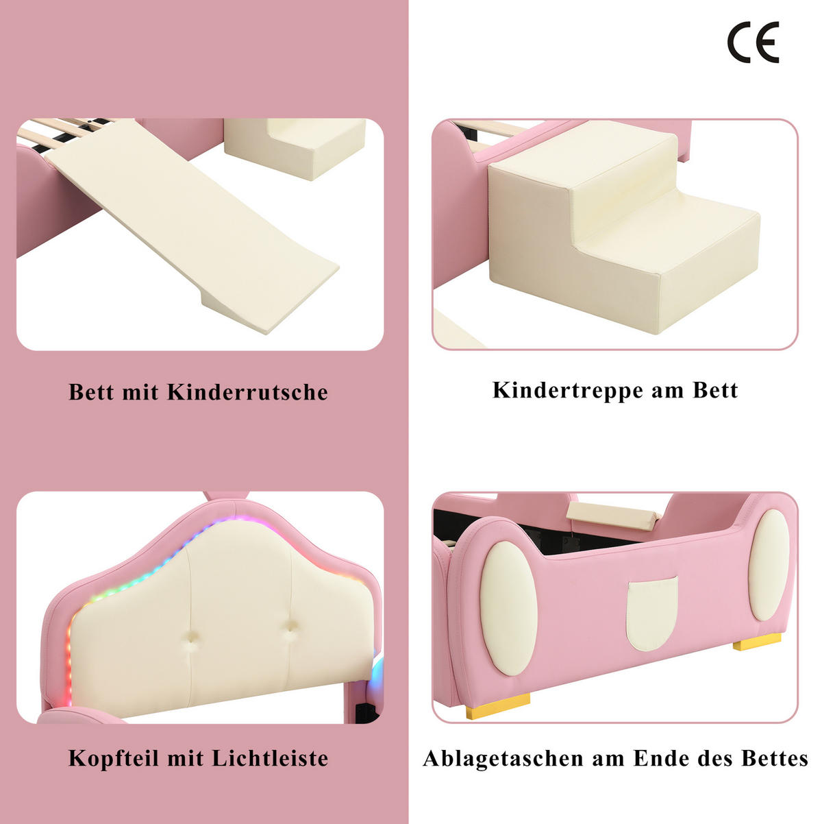 POLSTERBETT 90/200 cm Rosa aus PU mit LED, Rutsche und Treppe - Rosa, Kunststoff (90/200cm) - OKMYHOME