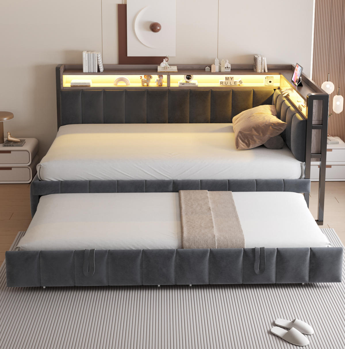 POLSTERBETT Schlafsofa aus Samt 90x200 cm Grau mit Ausziehbett, LED-Beleuchtung, USB- und Typ-C-Anschlüssen - Grau, Textil (90/200cm) - Modfu