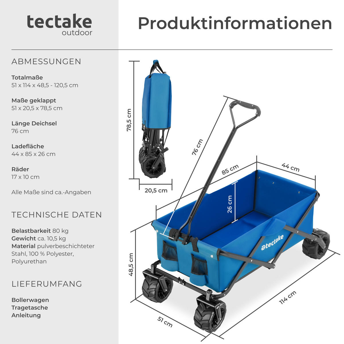 BOLLERWAGEN Heidrun, inklusive Tragetasche, Belastbarkeit 80 kg, blau - Blau, Textil (51/120.5/114cm) - tectake