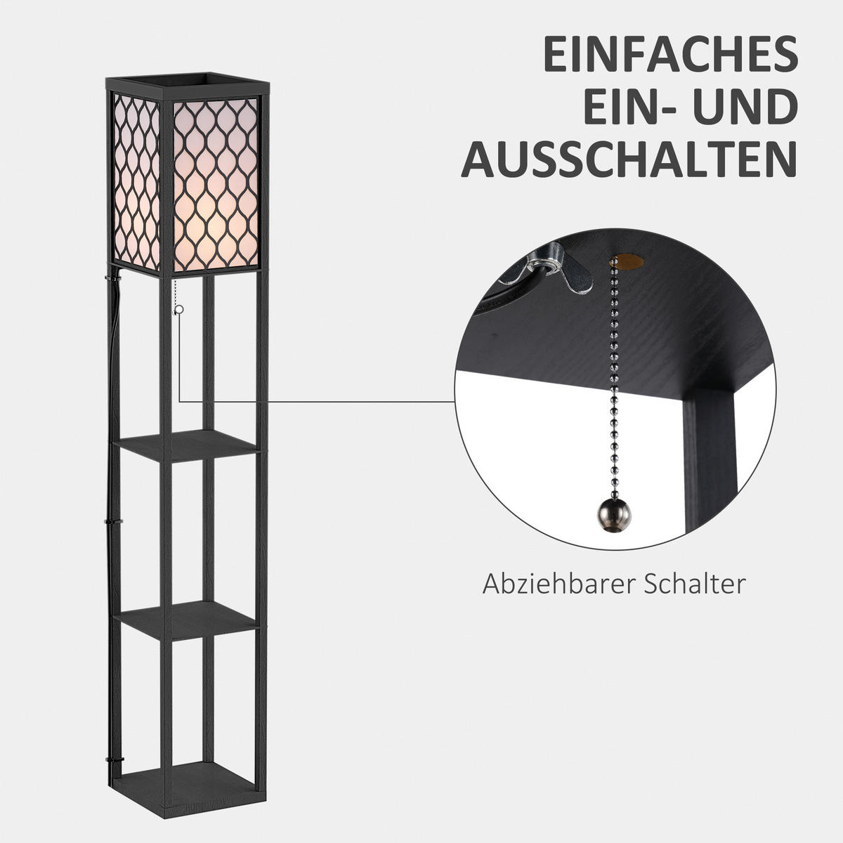 STEHLEUCHTE Beleuchtung mit 3 Regalen E27 bis 40W für Wohn-/Schlafzimmer Holz - Schwarz, Glas (26/26/160cm) - HOMCOM