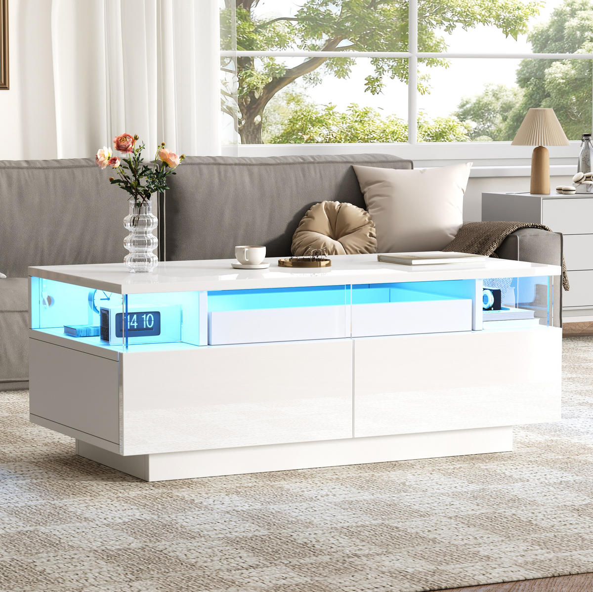 COUCHTISCH aus Spanplatte 90x45x35,5 cm Weiß mit LED, Tablett und 2 Schubladen - Weiß, Holzwerkstoff (90/45/35.5cm) - IVMEU