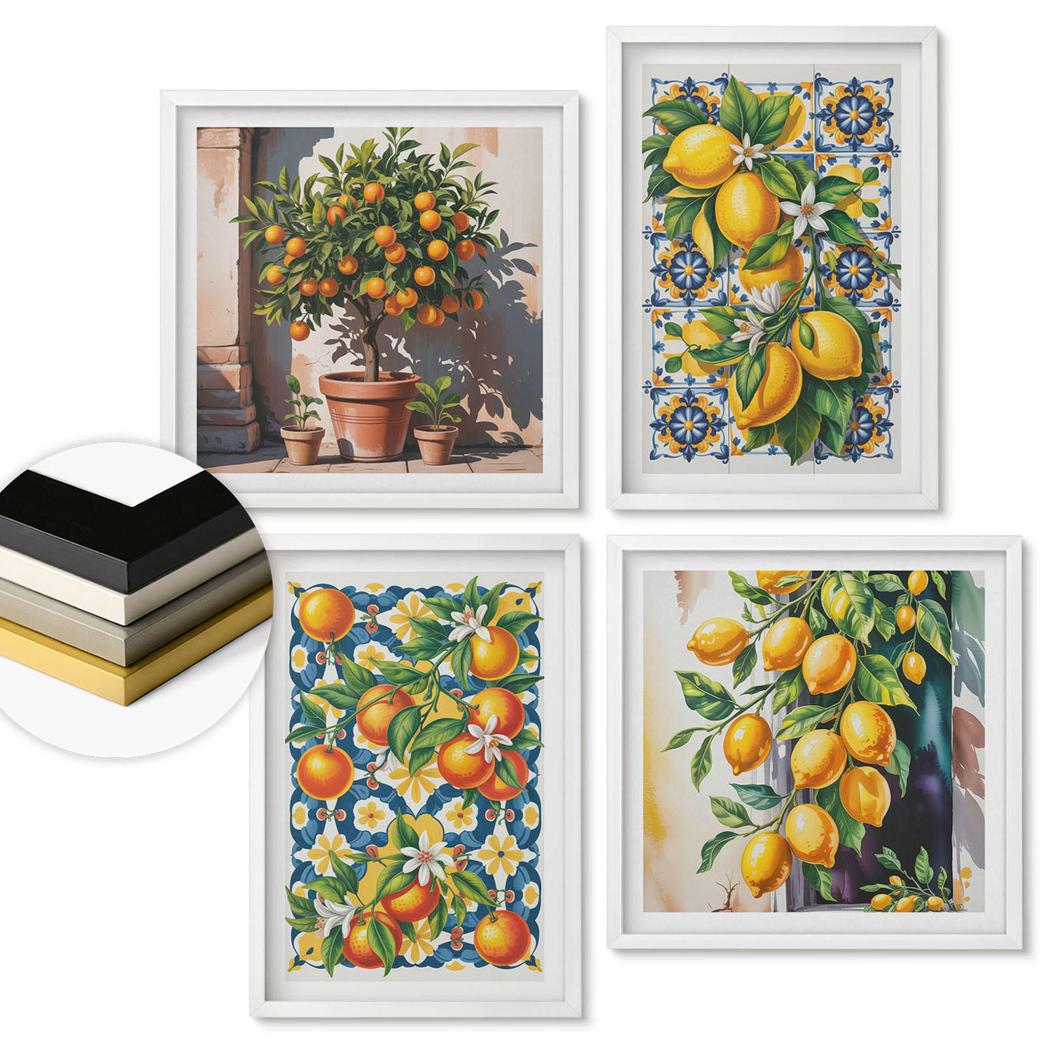 WANDBILDER 4er-Set - 50x50 cm & 40x60 cm Weißer Rahmen - Farbenfrohe abstrakte Zitrusfrüchte - Weiß, Kunststoff (50/50cm) - ArtPrintCave