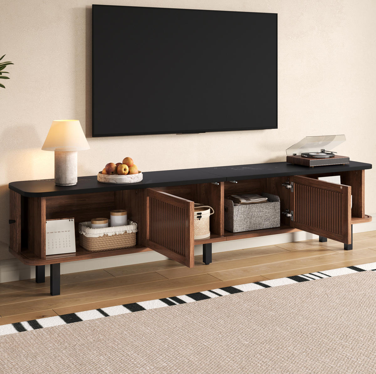 TV skrinka 190/35/45 cm orechová z MDF a drevotriesky s posuvnými dvierkami a mriežkou - hnedá, kompozitné drevo (190/45/35cm) - OKWISH