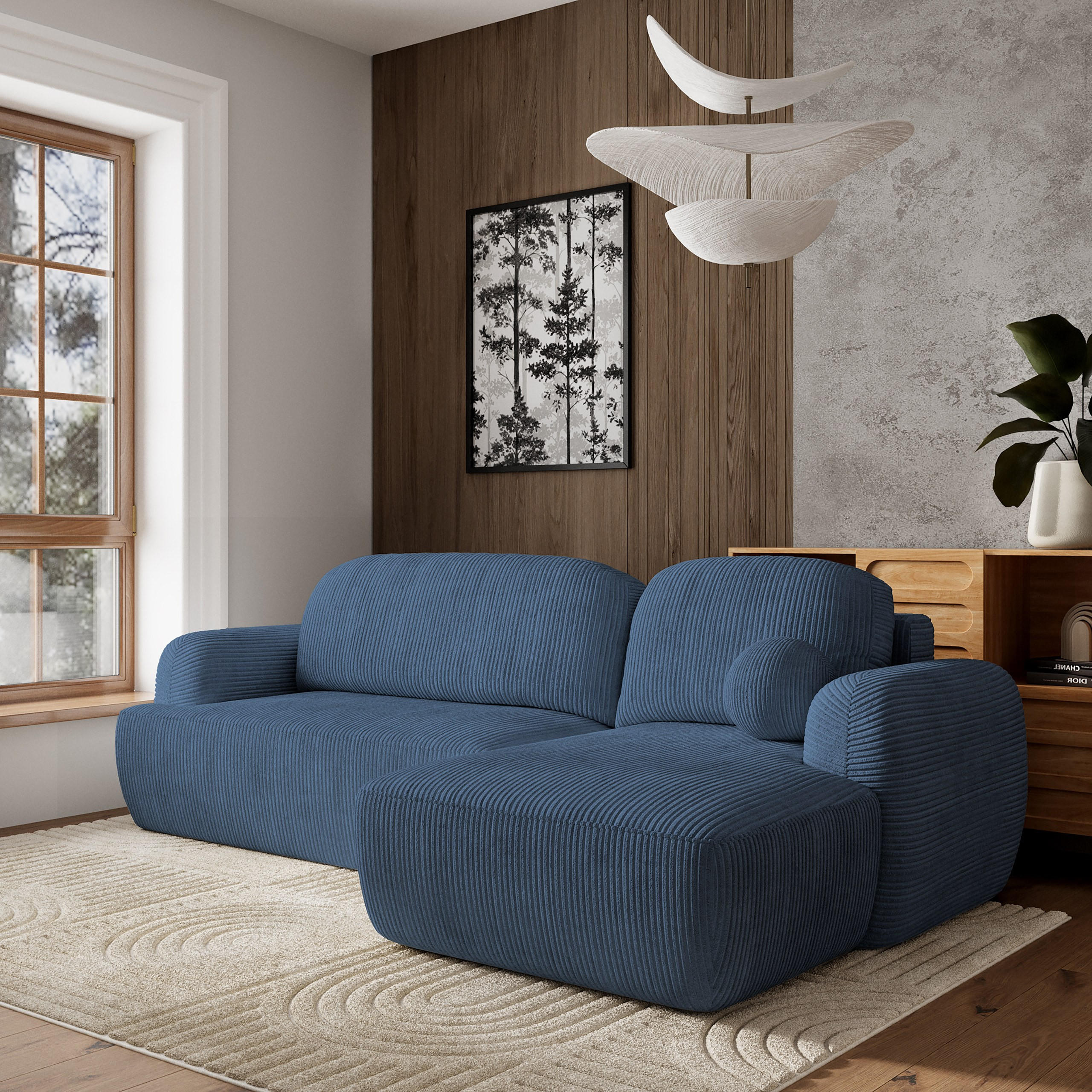 ECKSOFA MODENZA P R-S Blau Kordstoff mit Schlaffunktion - Blau, Holz (266/148cm) - MASSENO