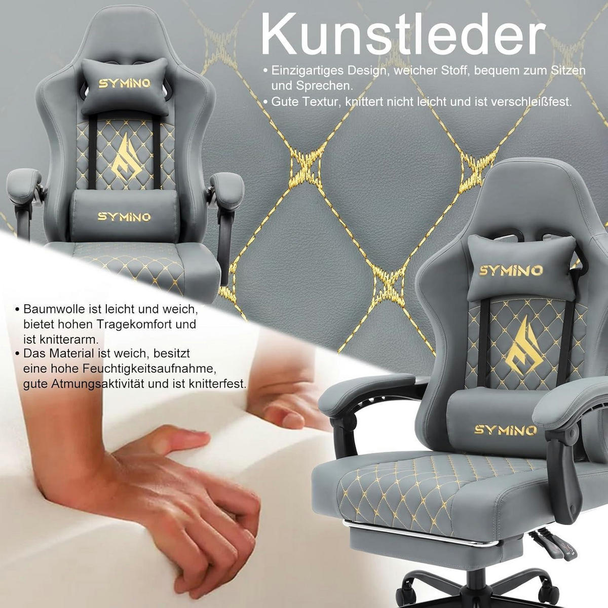 GAMING Stuhl mit Lendenwirbelstütze und Fußstütze Kunstleder Grau - Grau, Kunststoff (50/122/50cm)