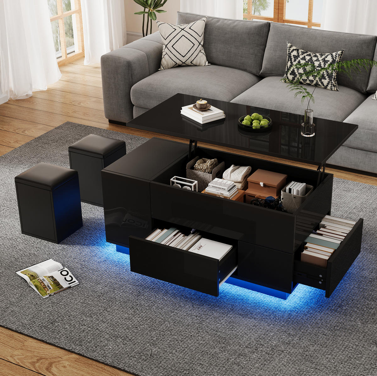 COUCHTISCH 100/50/45 cm höhenverstellbar mit LED, 2 Schubladen, 2 Hockern und Stauraum aus Spanplatte, Schwarz - Schwarz, Holzwerkstoff (100/50/45cm) - Redom