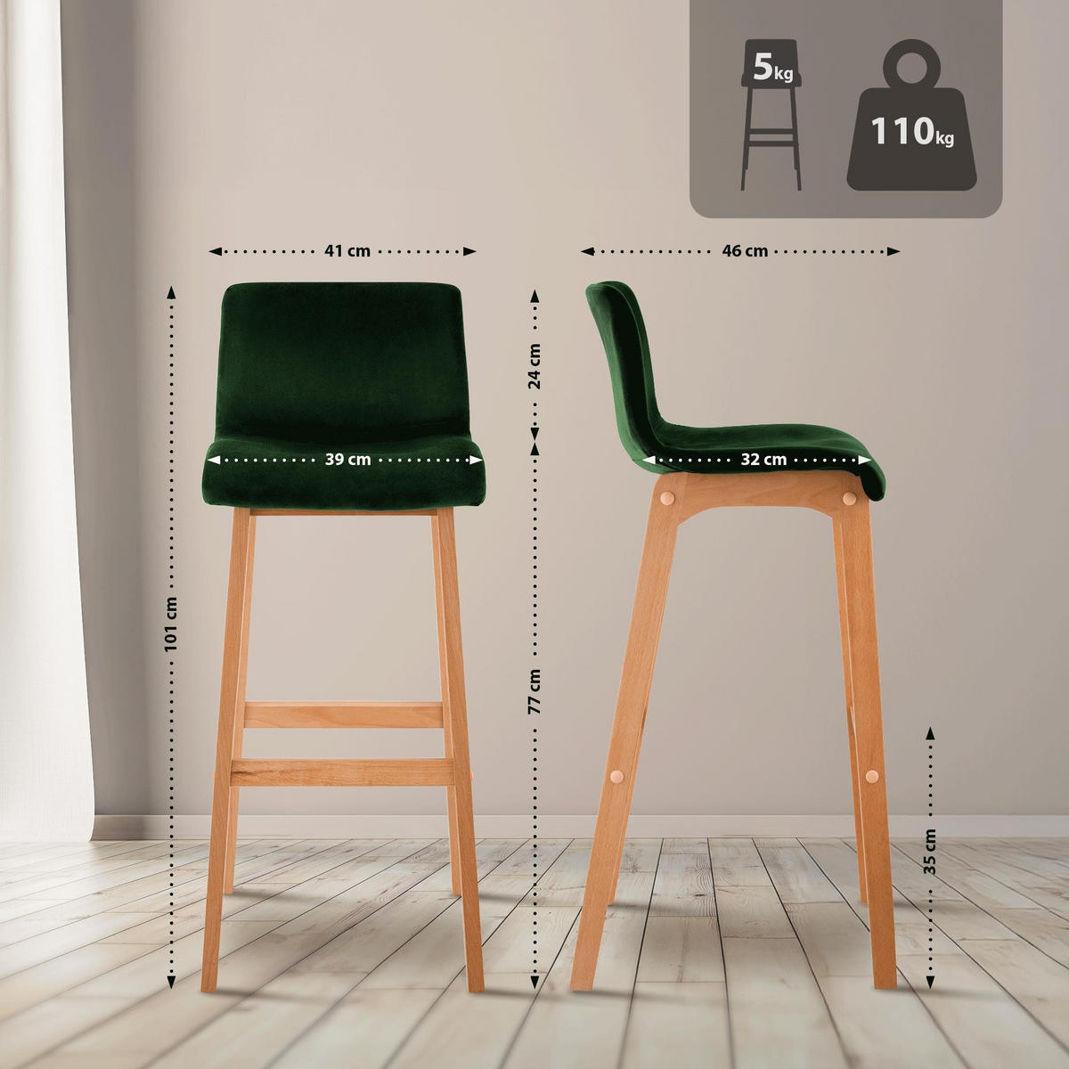 BARHOCKER Hover Samt Massivholz 101x41x46 cm grün - Grün, Textil (41/101/46cm) - furnicato