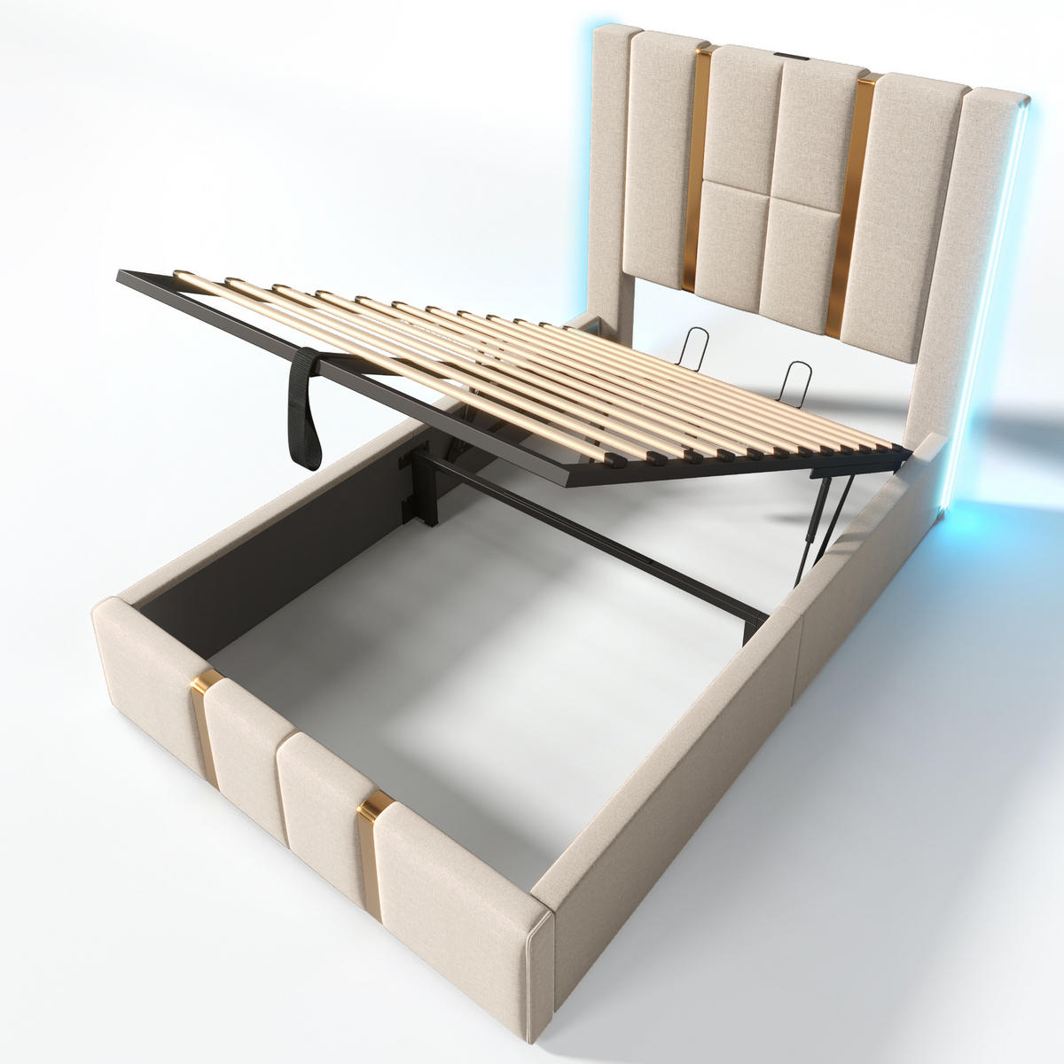 POLSTERBETT 90/200 cm Beige mit Stauraum, LED-Beleuchtung und USB-/Type-C-Anschlüssen - Beige, Textil (90/200cm) - Flora Grace