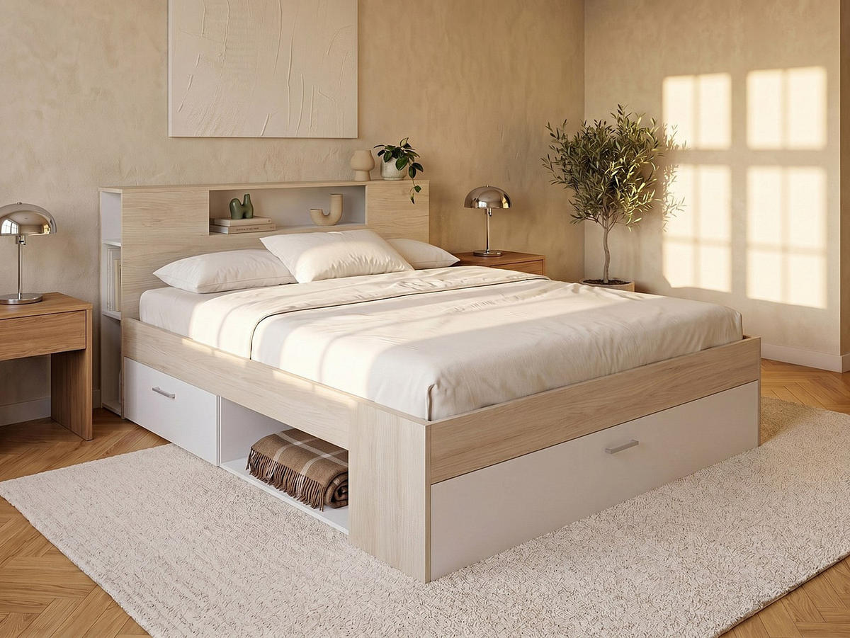 BETTRAHMEN - 2 Personen - holz - naturfarben hell, weiß Leandre - Naturfarben/Weiß, Holz (140/190cm) - Vente-Unique