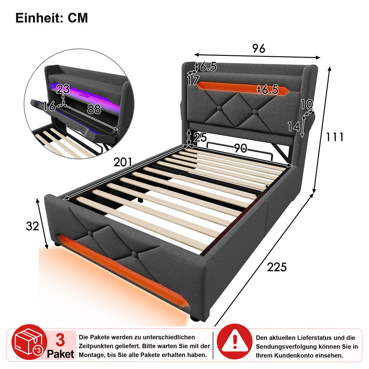 ČALOUNĚNÁ POSTEL 90/200 cm v Šedé Lněné látce s Úložným Boxem, LED, USB a Type-C - šedá, kov/kompozitní dřevo (90/200cm) - WISHDOR