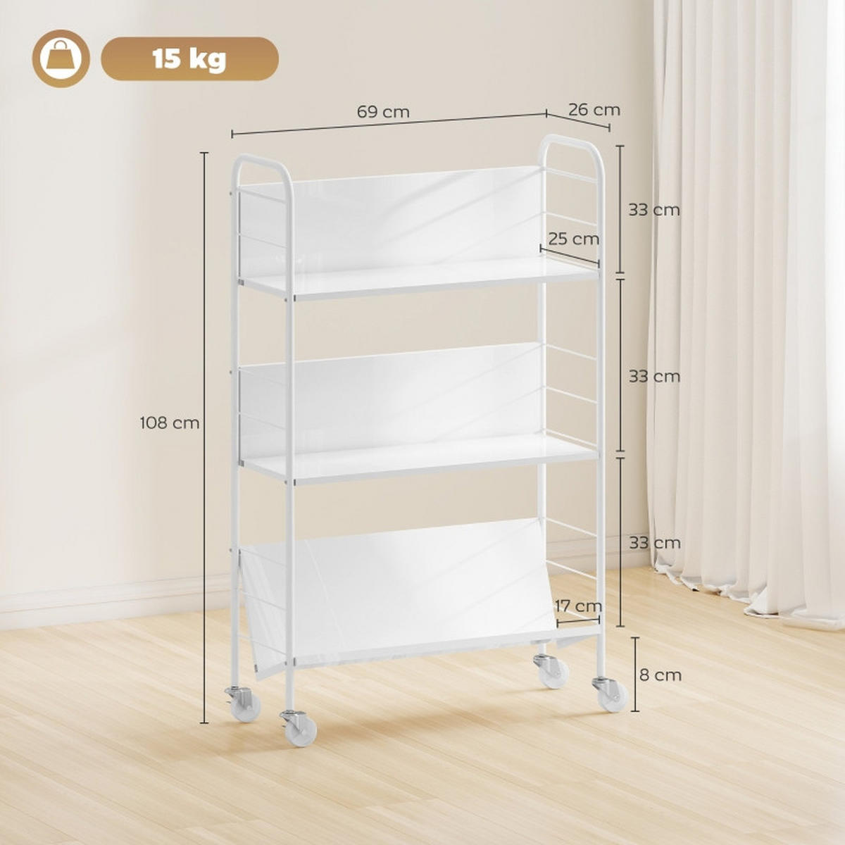 BÜCHERREGAL 69/26/108 cm, 3 Ebenen, aus Metall, mit Rollen, Weiß - Weiß, Metall (69/108/26cm) - BEAOK